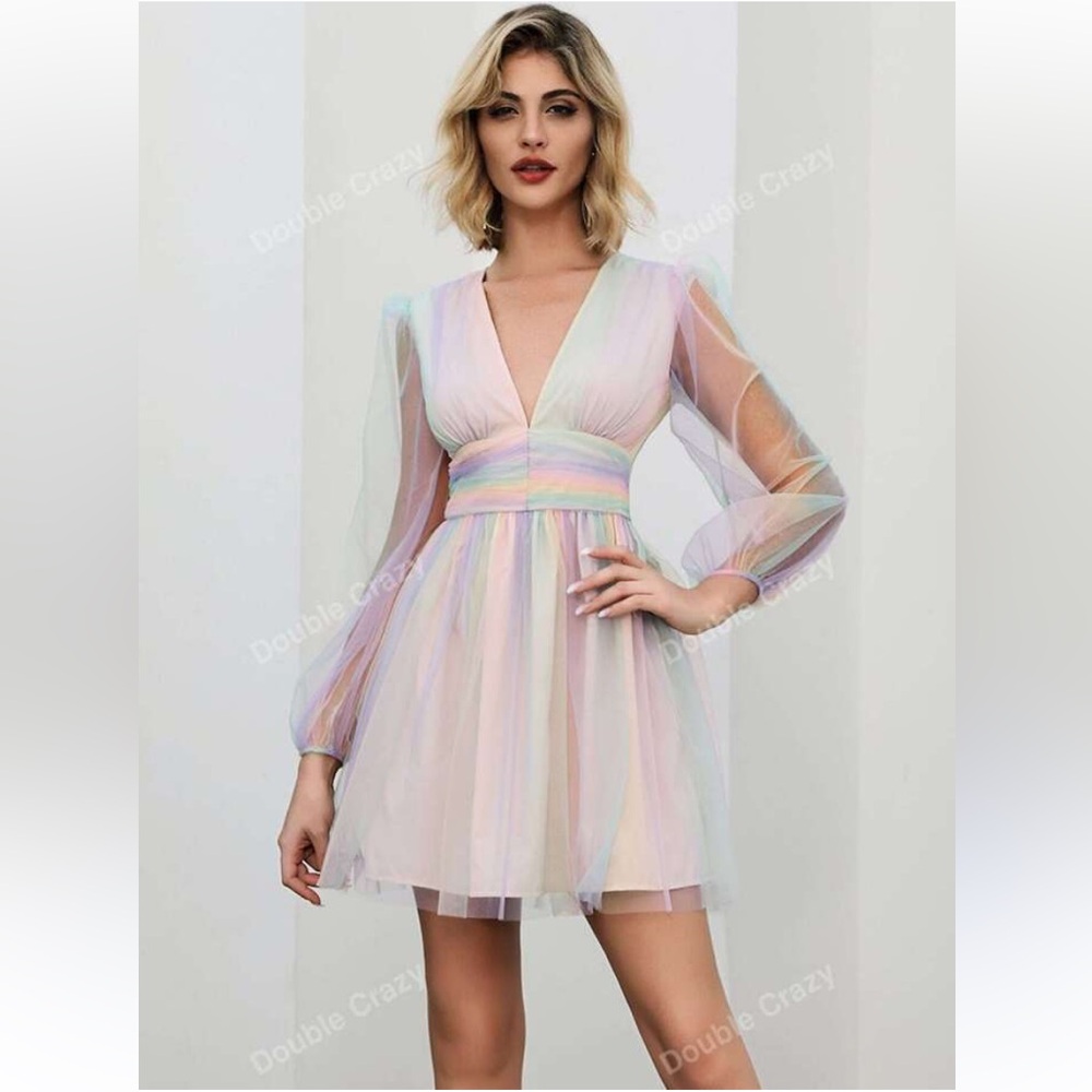 Pastel Rainbow Mesh Long Sleeve Mini Dress